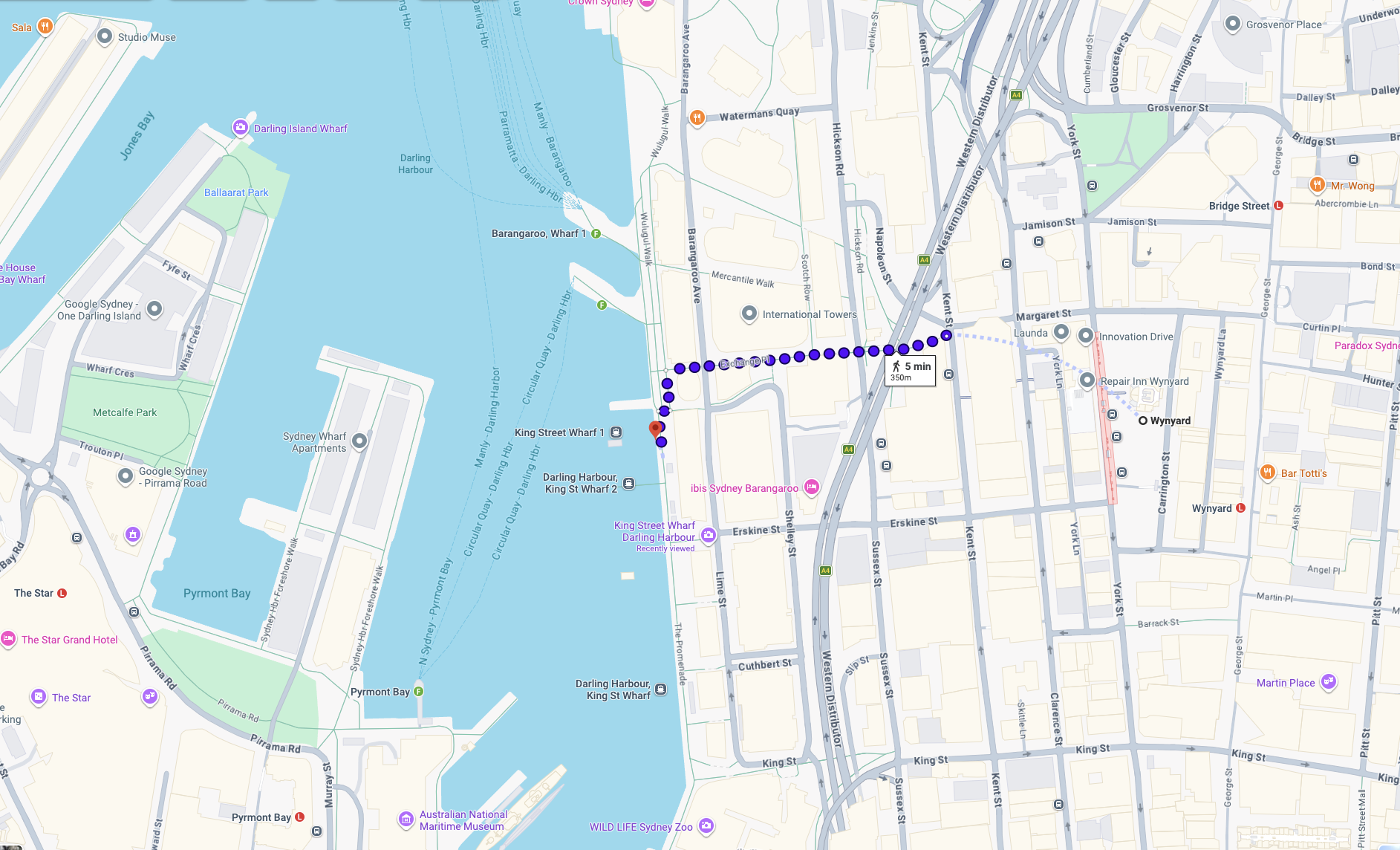 Walking route from Wynyard Station to King Street Wharf No. 2